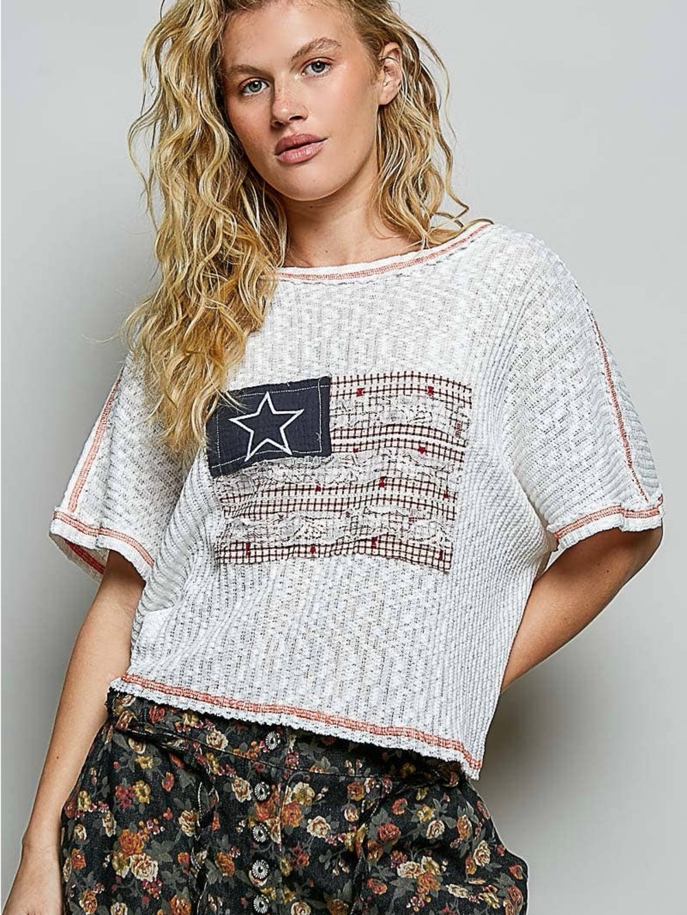 American Flag Patch Contrast Stitch Short Sleeve Top